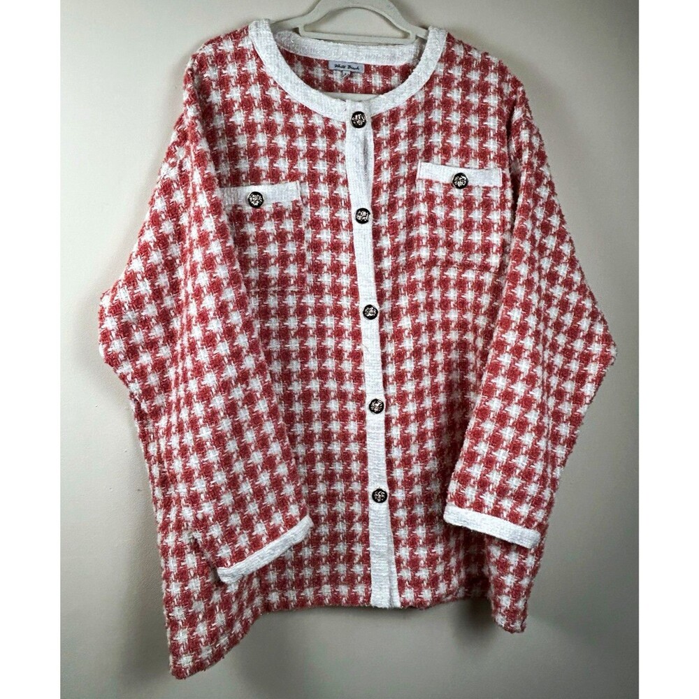 White Birch Women's L Pink/White Houndstooth Button Front Cardigan Pockets Woven